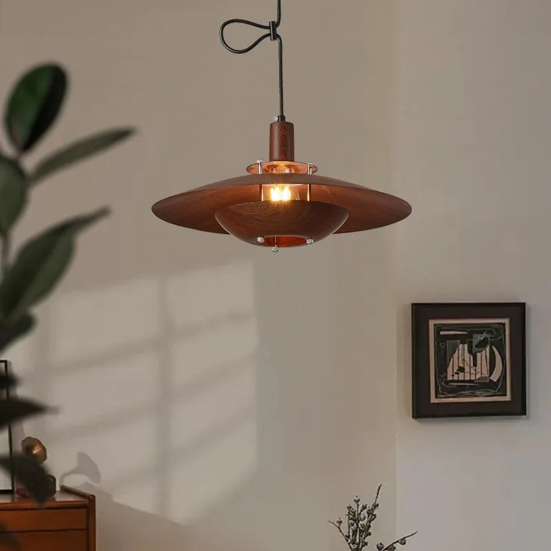 Suspension déportée soucoupe effet bois et bras noir, Ø 40 cm
