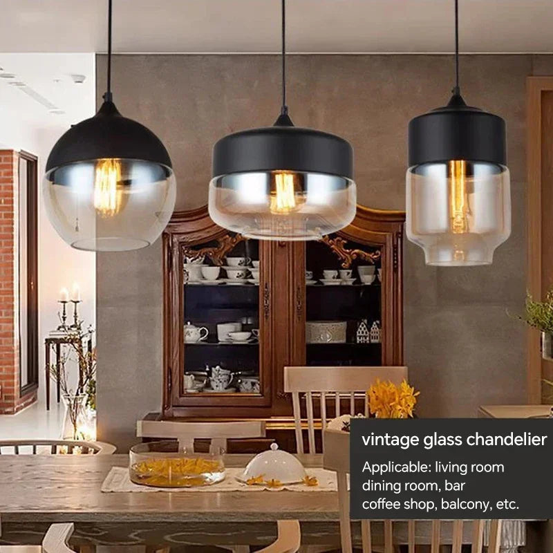 Suspension industrielle verre et chapeau noir ou effet bois, 4 formes