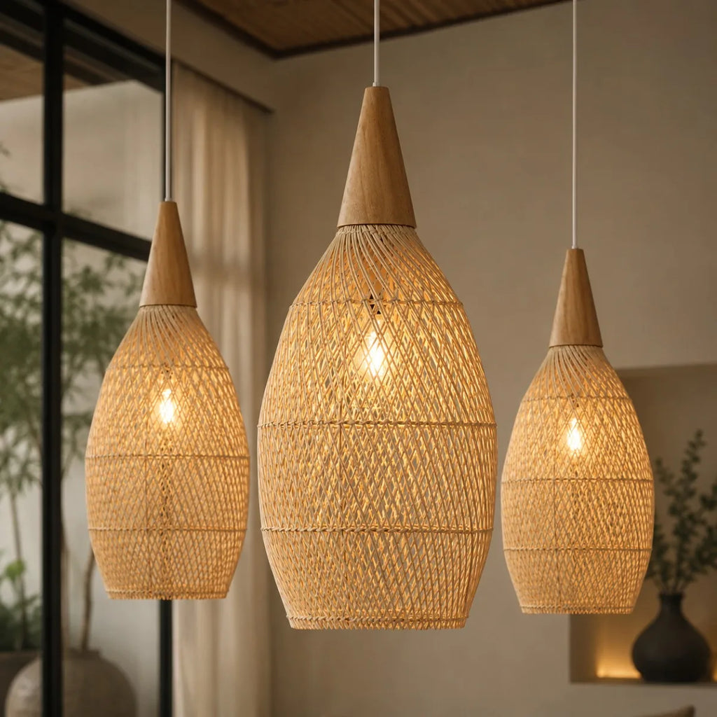 Suspension goutte en rotin et bois clair, Ø 25 ou 35 cm, câble 150 cm