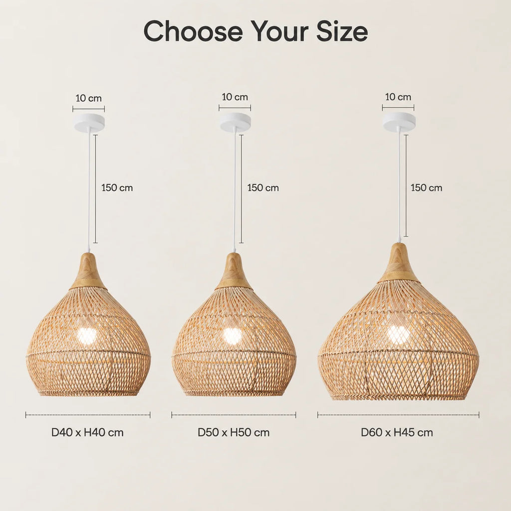 Suspension bulbe en rotin, coiffe en bois et câble blanc de 150 cm