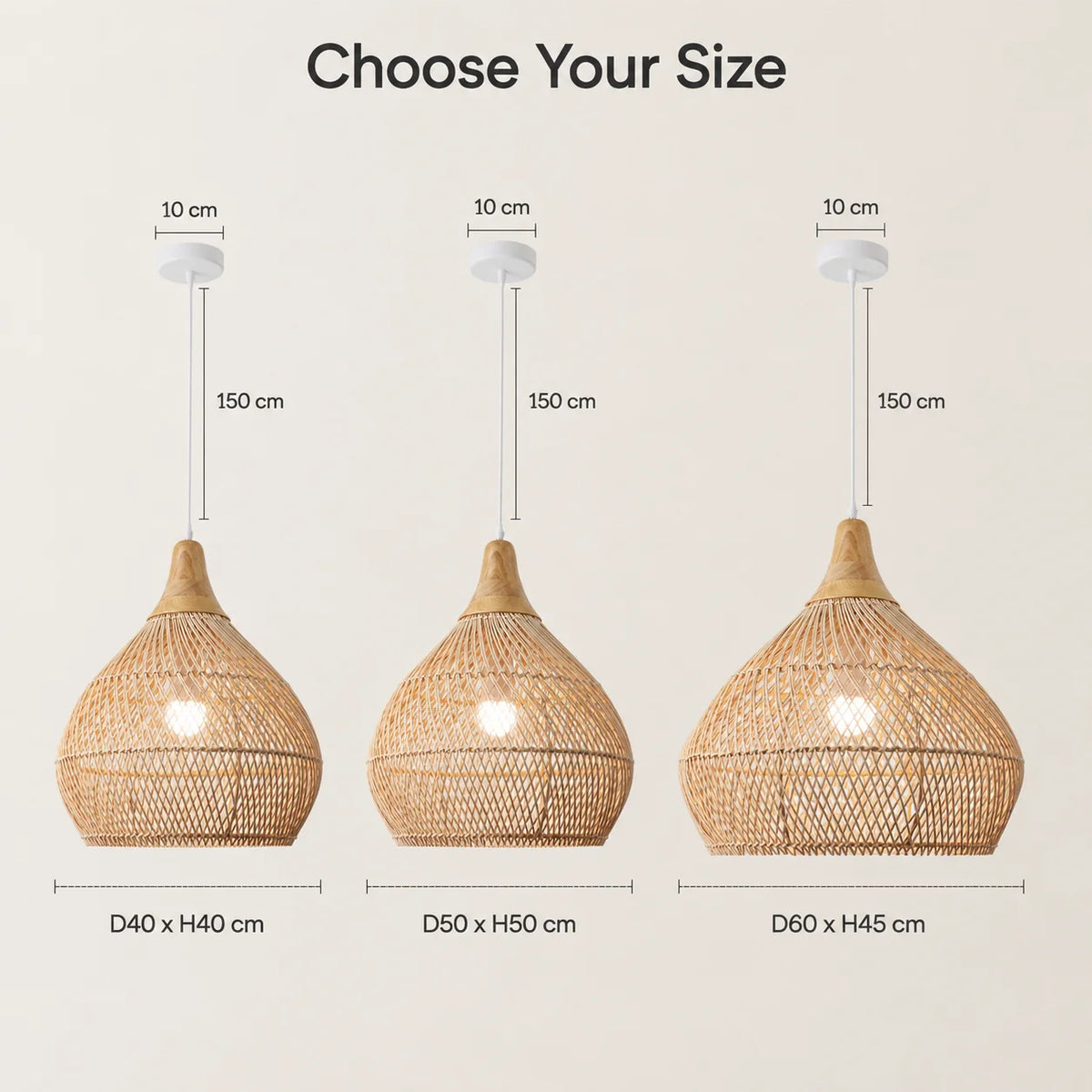 Suspension bulbe en rotin, coiffe en bois et câble blanc de 150 cm