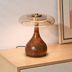 Lampe champignon en bois et verre ambré, LED trois teintes
