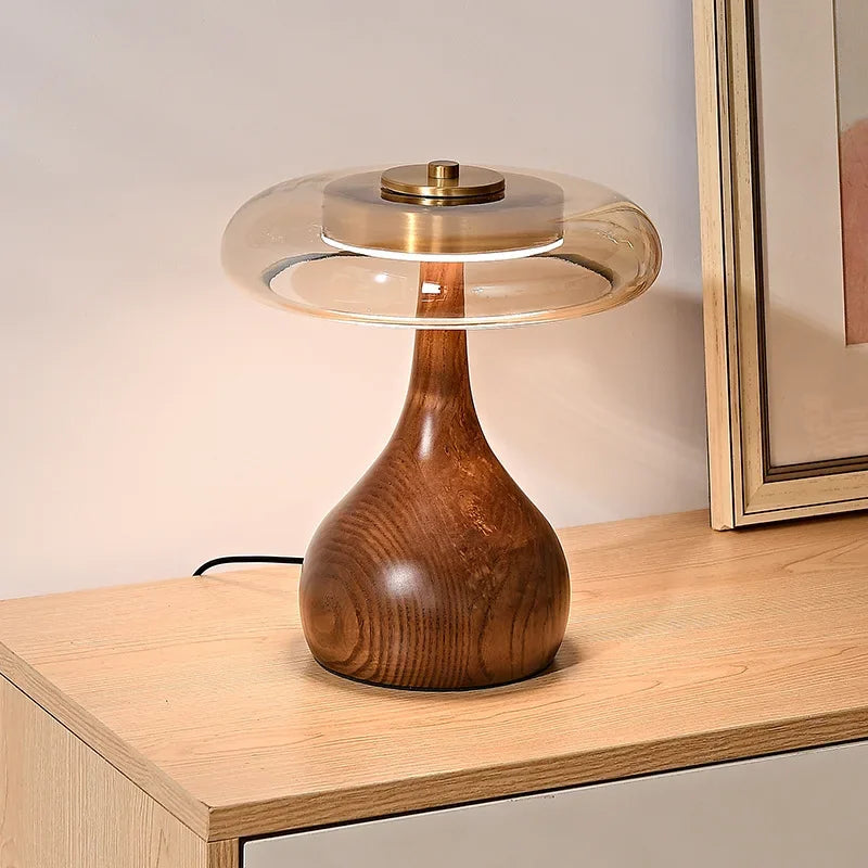 Lampe champignon en bois et verre ambré, LED trois teintes