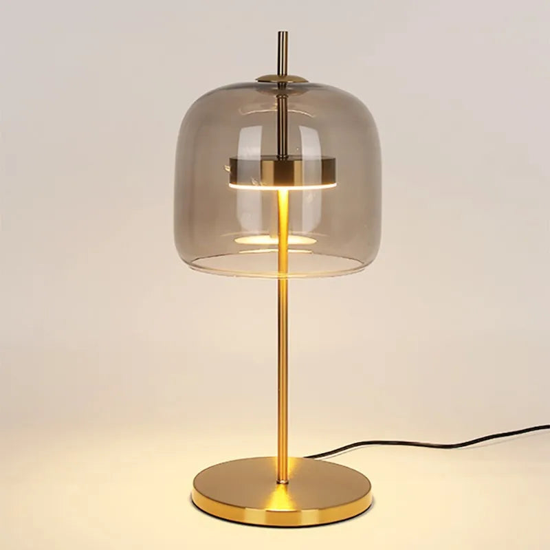 Lampe à poser cloche en verre et tige couleur laiton, LED intégrée