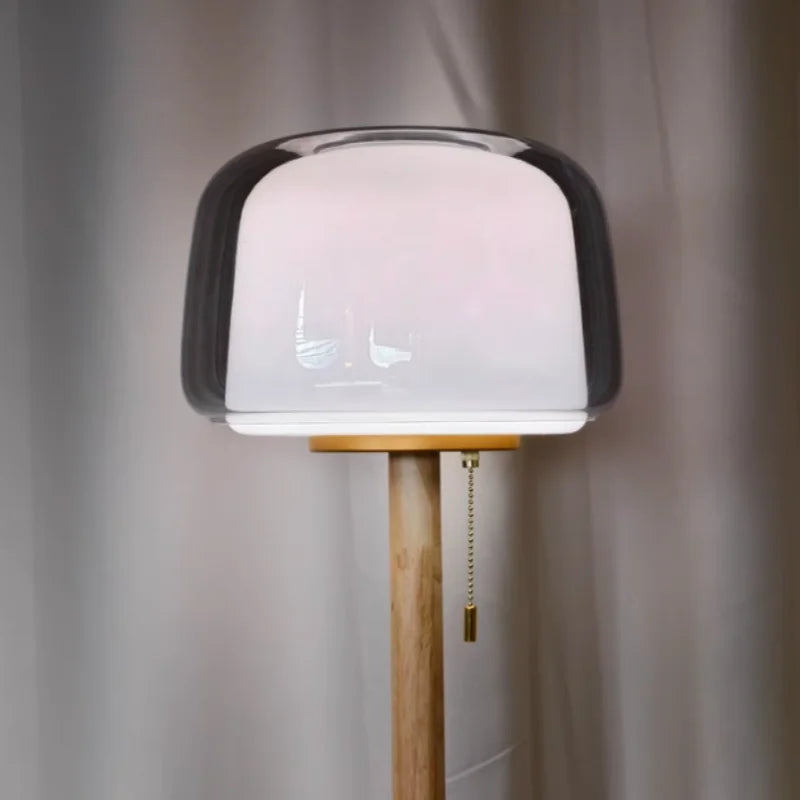 Lampadaire double verre et bois au socle en marbre, 148 cm