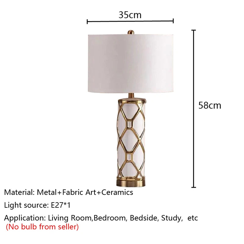Lampe à poser en céramique à résille dorée, abat-jour tambour 35 cm
