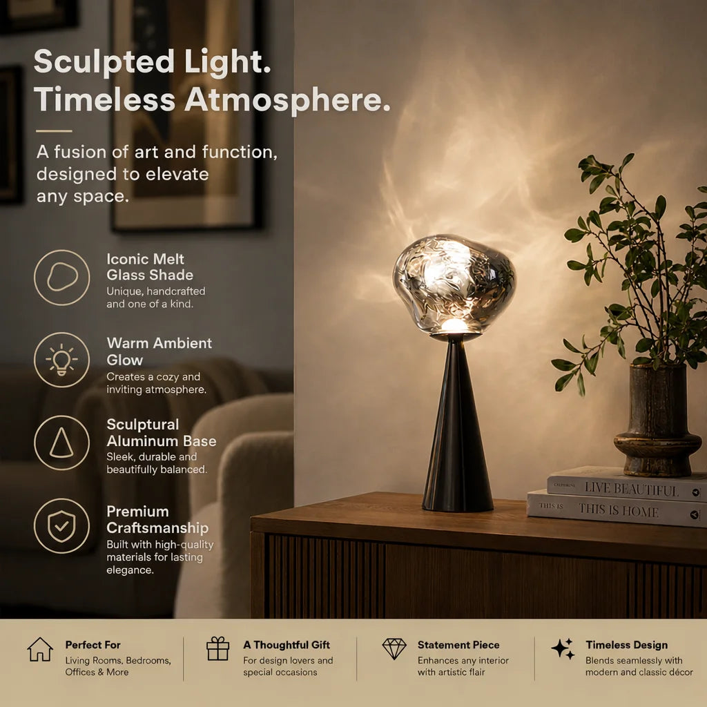 Lampe de table sans fil à globe en verre fondu, pied conique