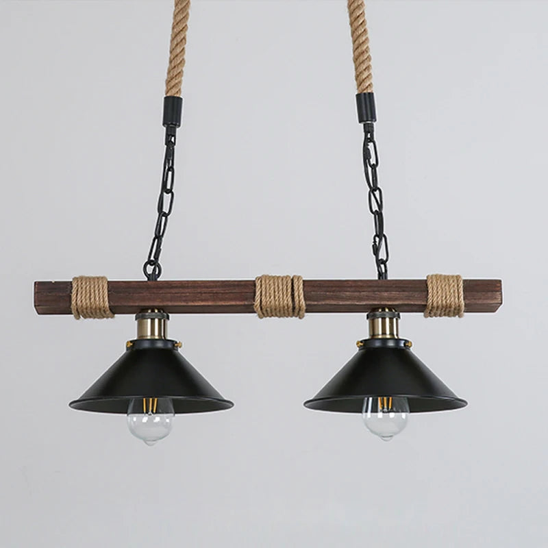 Lustre barre en bois et chanvre à 2 ou 3 cônes en métal noir