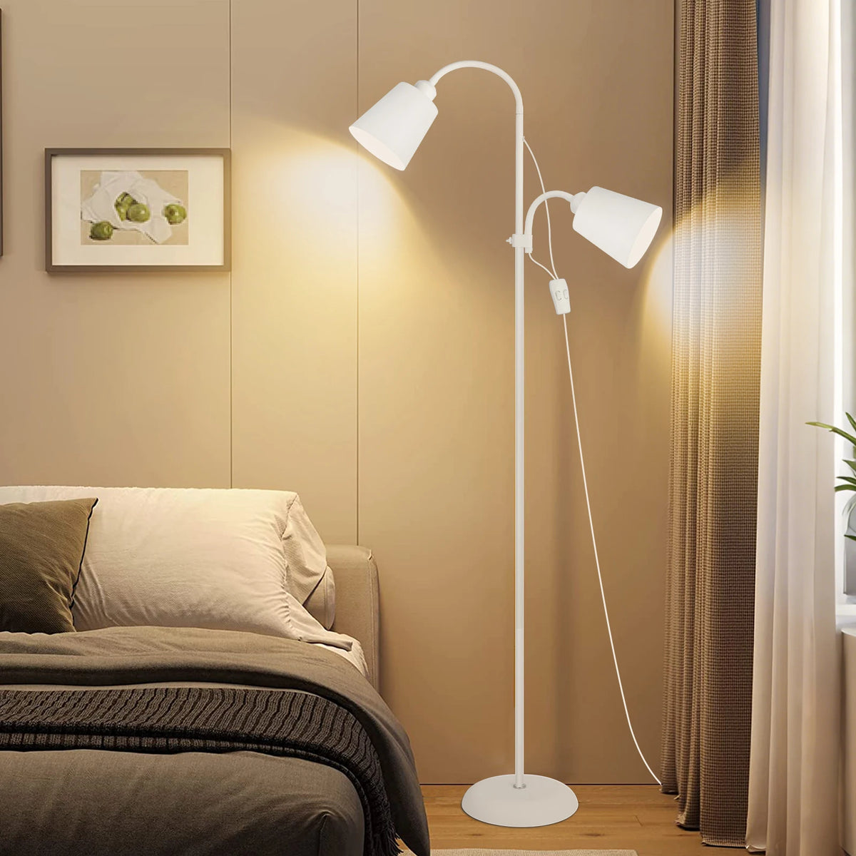 Lampadaire blanc à deux têtes flexibles pour la lecture, E27