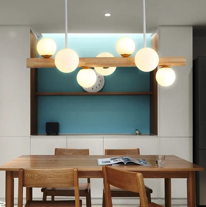 Lustre barre en bois à globes de verre opalin, 5 à 9 lumières LED