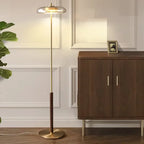 Lampadaire coupelle en verre, tige dorée et manchon en bois, 128 cm