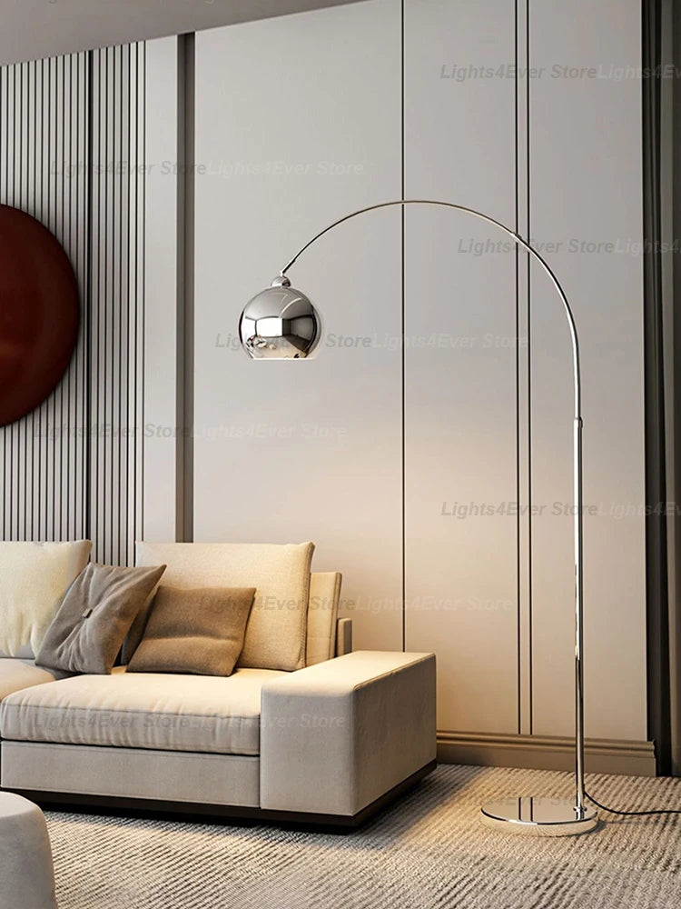 Lampadaire arc boule chromée, dorée ou noire, hauteur réglable