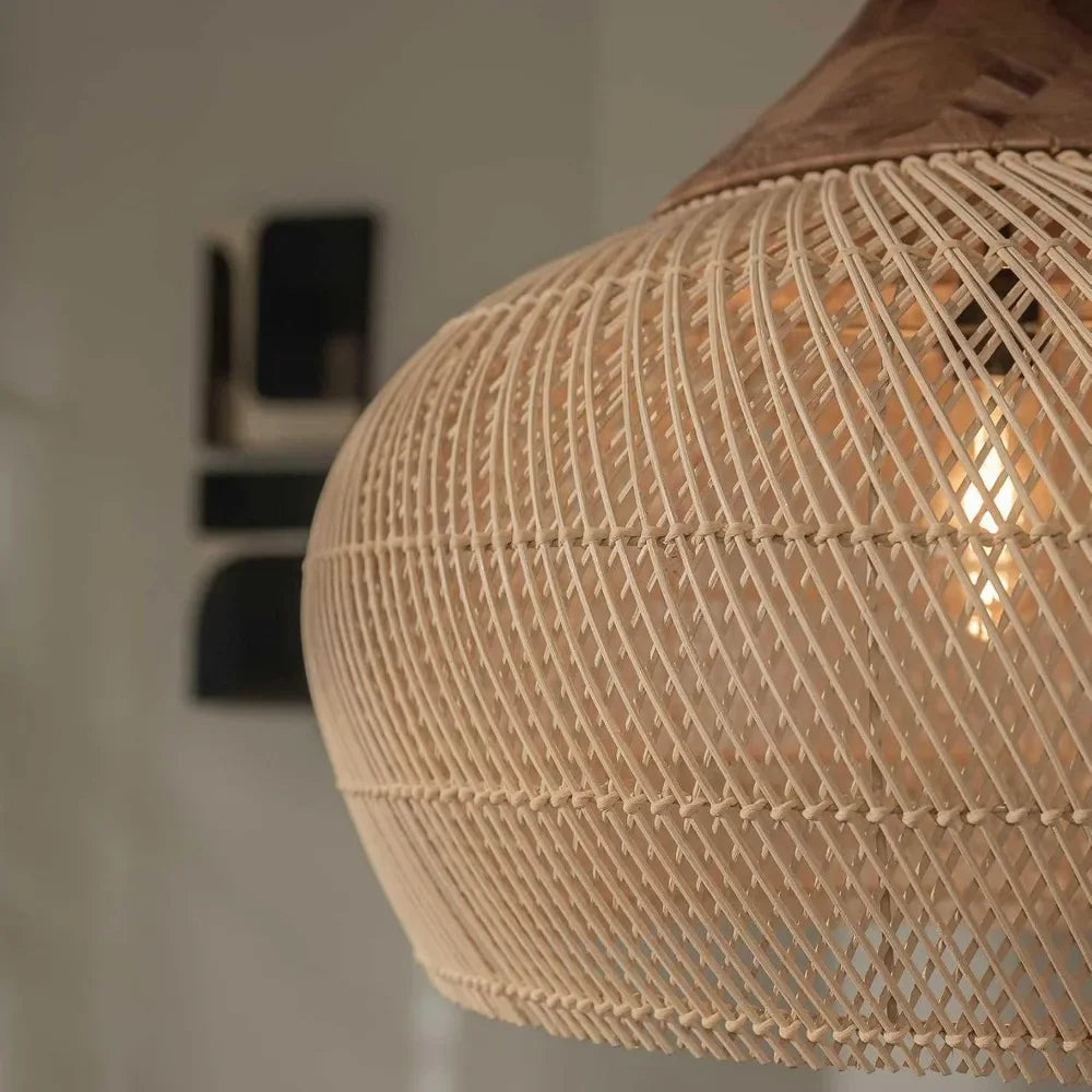 Suspension coupole en rotin à chapeau de bois foncé, Ø 40 ou 60 cm