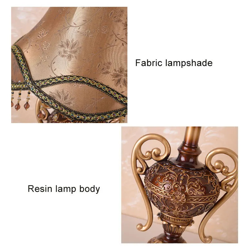 Lampe de table vintage en résine à anses dorées, abat-jour festonné