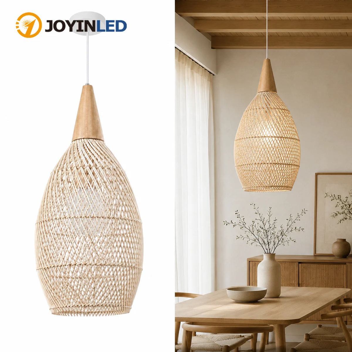 Suspension goutte en rotin et bois clair, Ø 25 ou 35 cm, câble 150 cm
