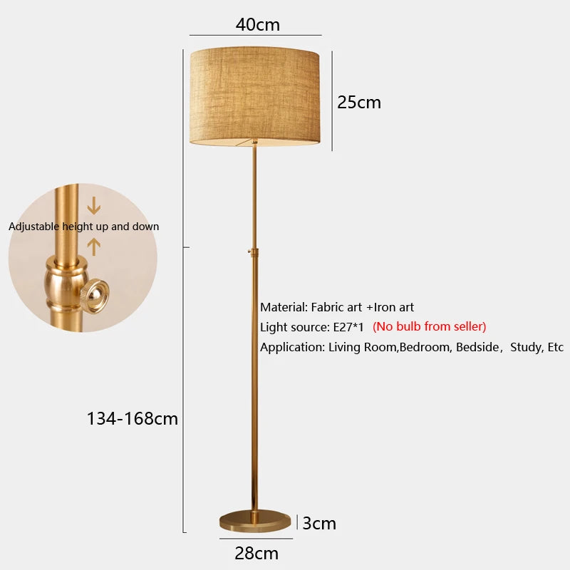Lampadaire télescopique doré, abat-jour tambour en lin beige