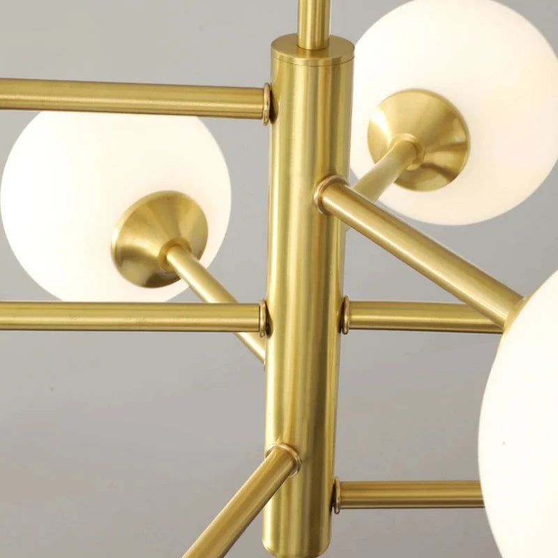 Lustre à globes opalins sur tige rigide, 6 ou 8 globes, noir ou doré