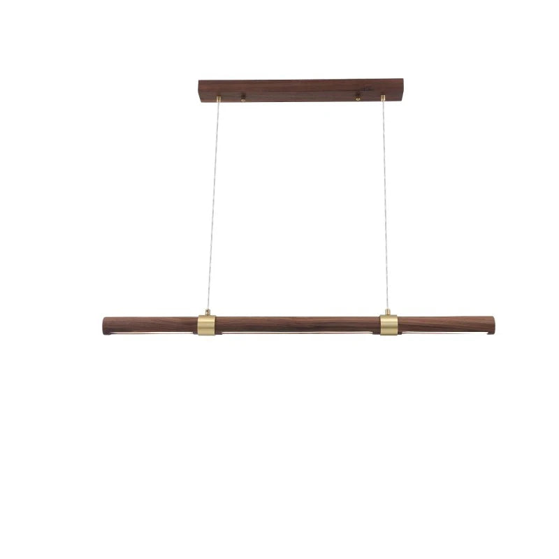 Suspension LED tube en bois et bagues dorées, 90 à 180 cm