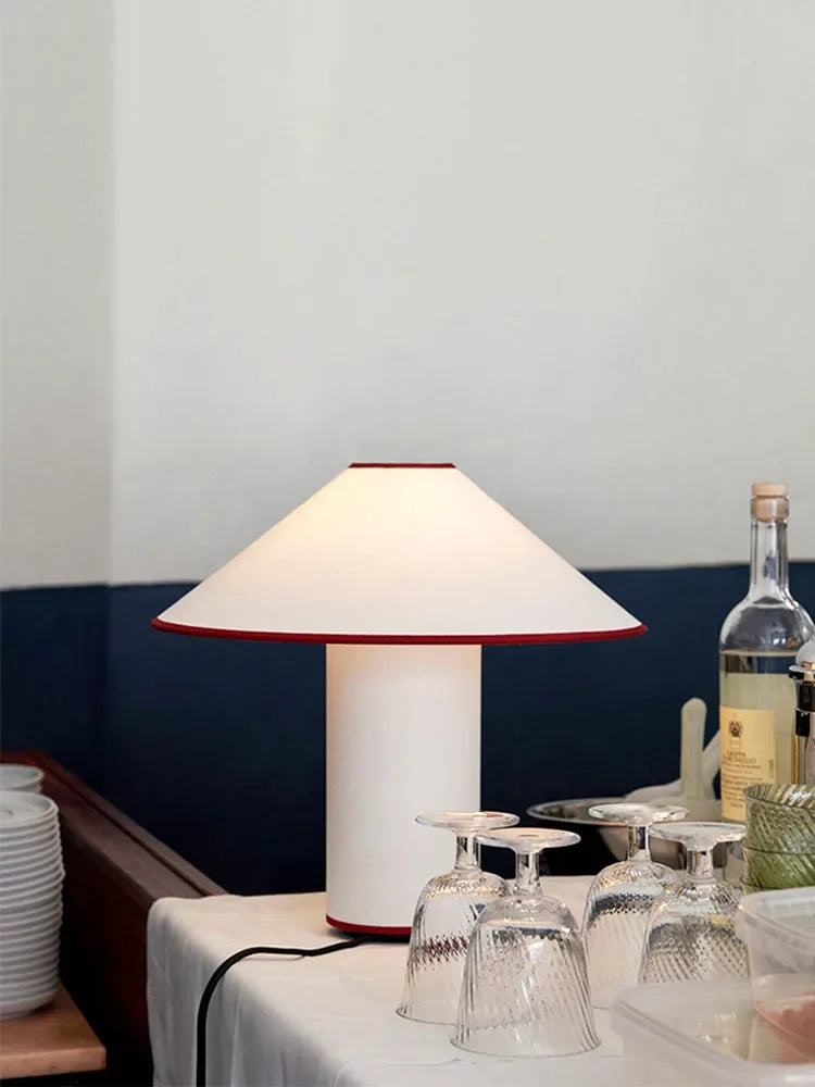 Lampe champignon en tissu coton-lin, liseré noir ou rouge, E14