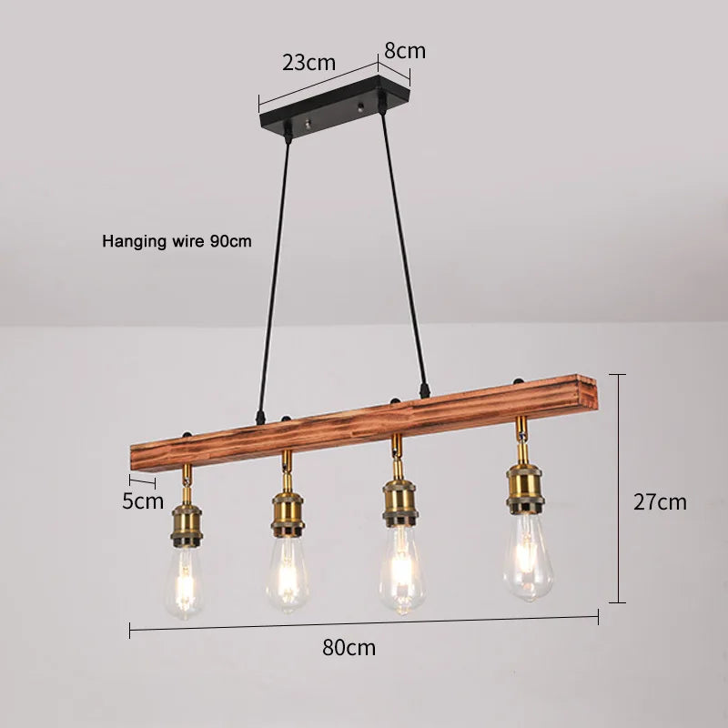 Lustre poutre en bois de 80 cm à 4 douilles dorées orientables