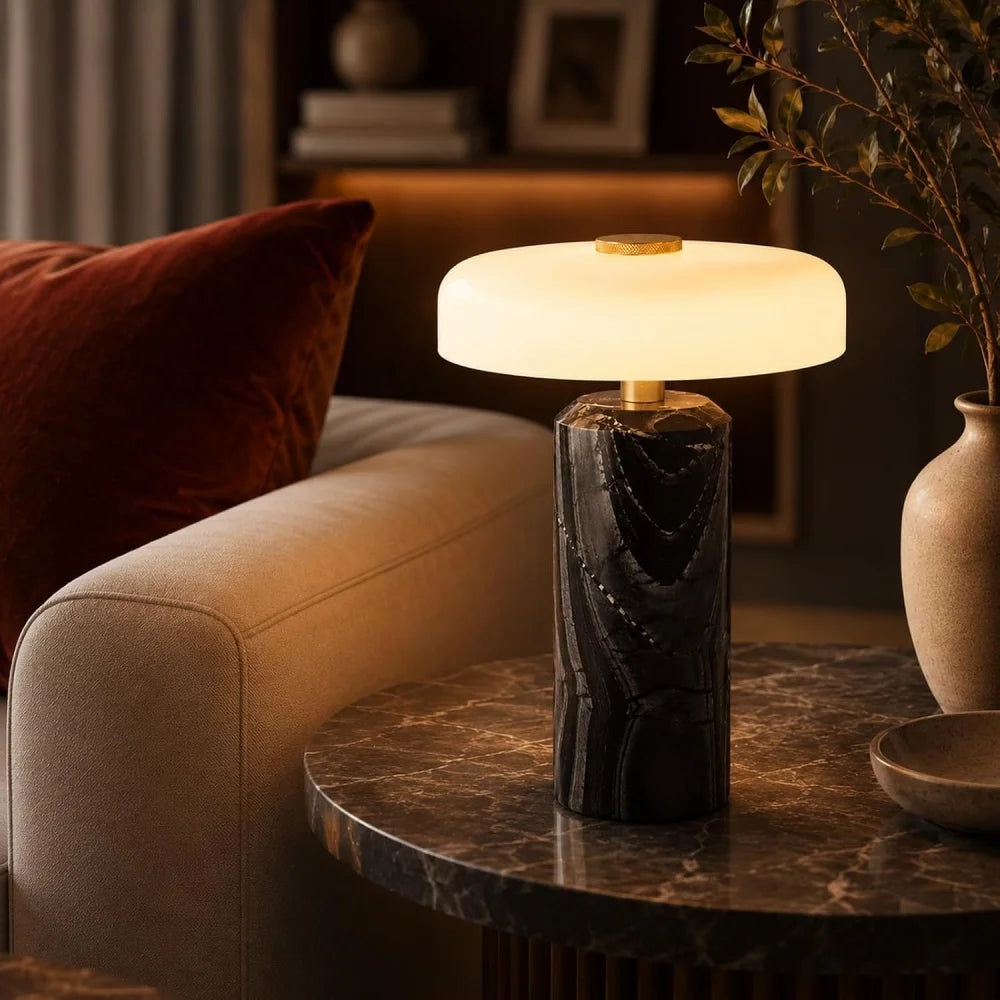 Lampe de chevet sans fil en marbre, abat-jour en verre opalin