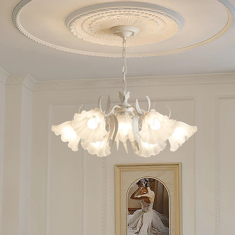 Lustre à tulipes en verre blanc et bras feuillus, 4 à 9 lumières