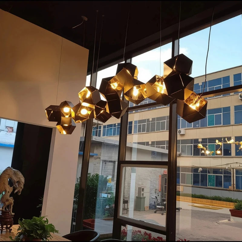 Lustre noir et or à polyèdres en acier, de 1 à 19 lumières E14