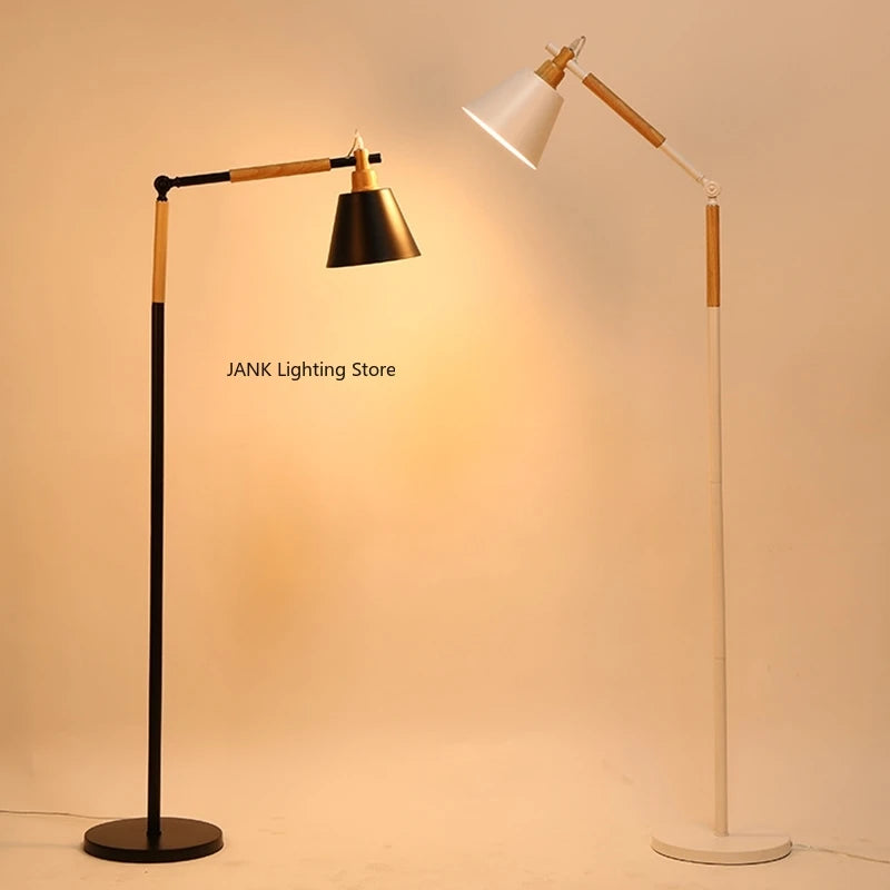 Lampadaire articulé noir ou blanc à bras en bois, tête orientable