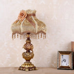 Lampe de chevet baroque en résine à coquille, abat-jour jacquard doré