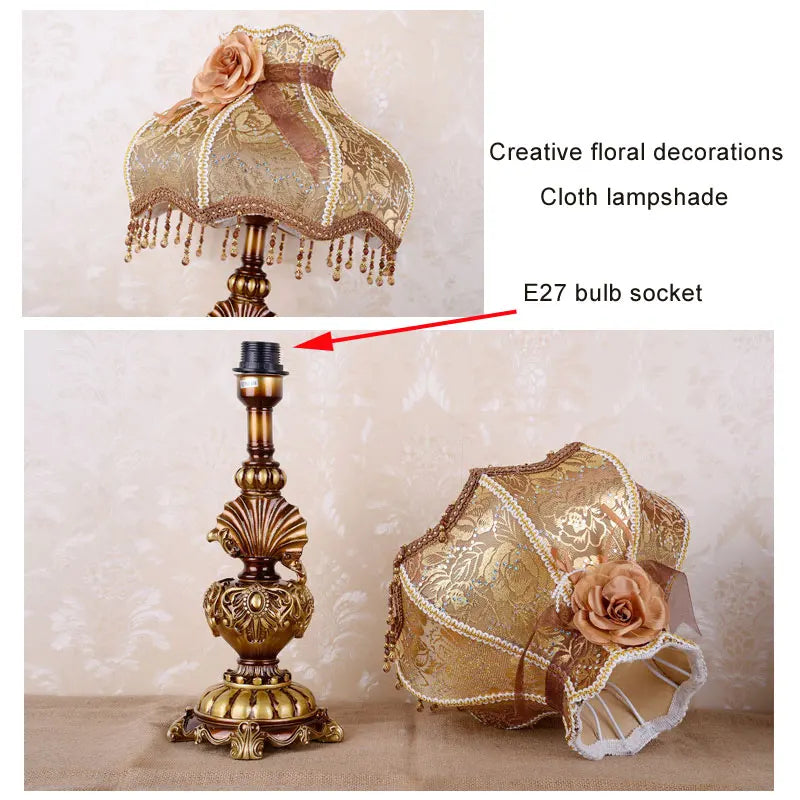 Lampe de chevet baroque en résine à coquille, abat-jour jacquard doré