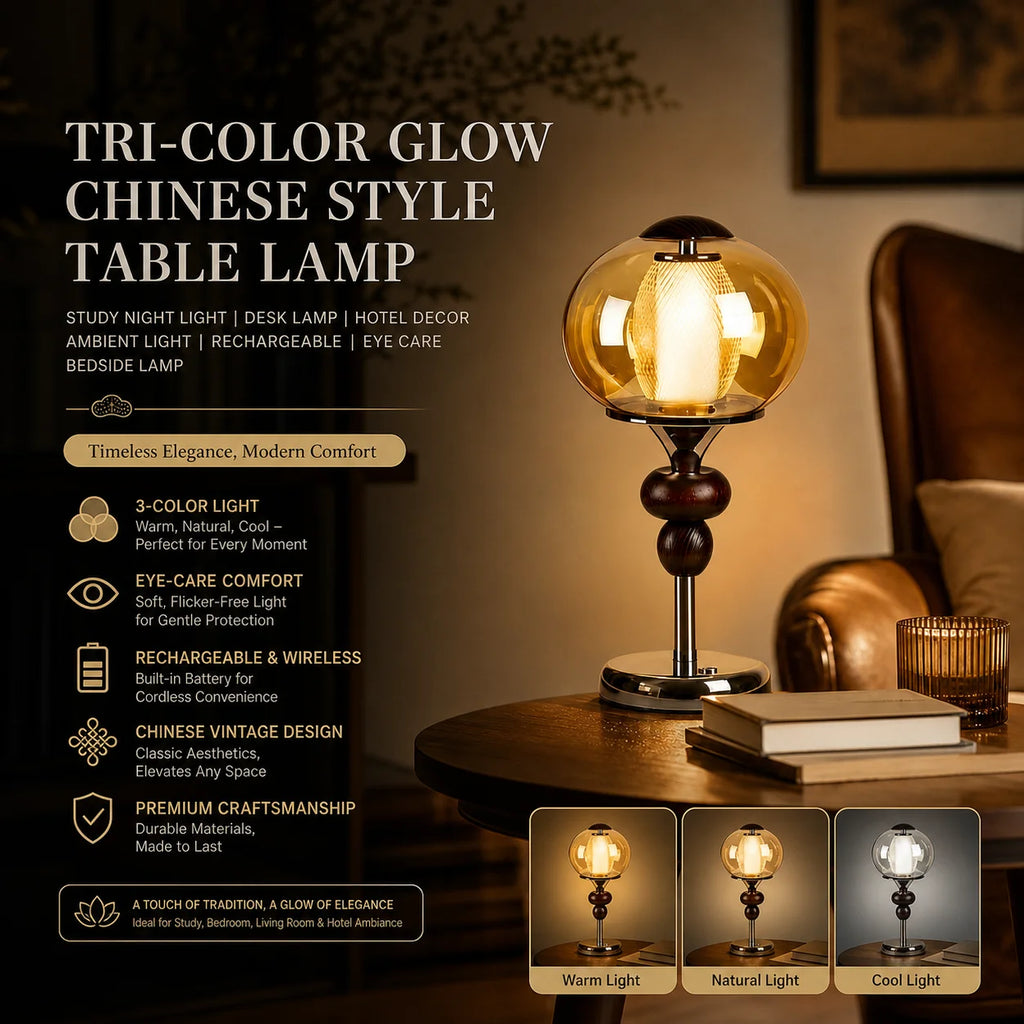 Lampe de table sans fil globe en verre ambré, style chinois