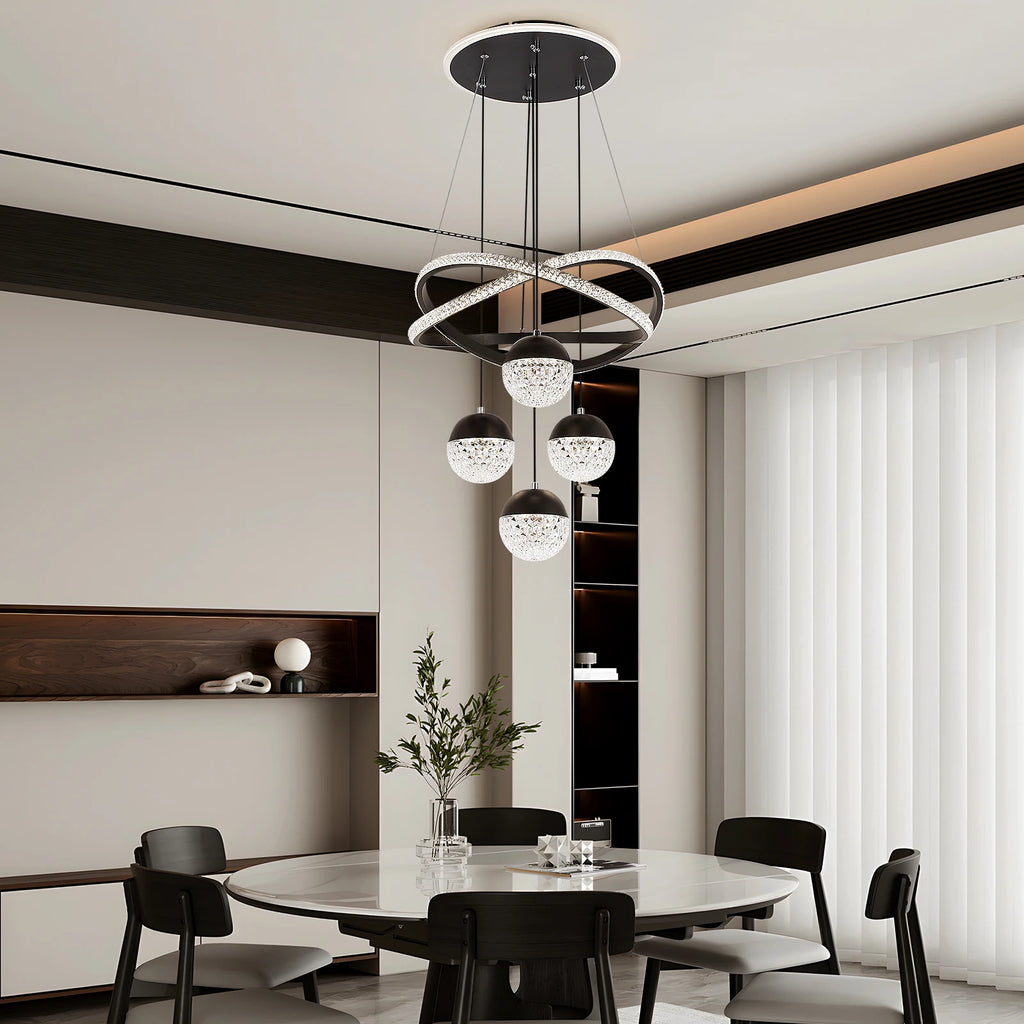 Lustre LED doré ou noir, anneaux de cristal croisés et 4 globes