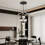 Lustre LED doré ou noir, anneaux de cristal croisés et 4 globes