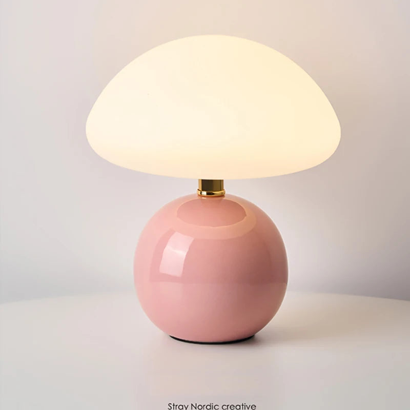 Lampe champignon en céramique brillante, chapeau opalin, 22 cm