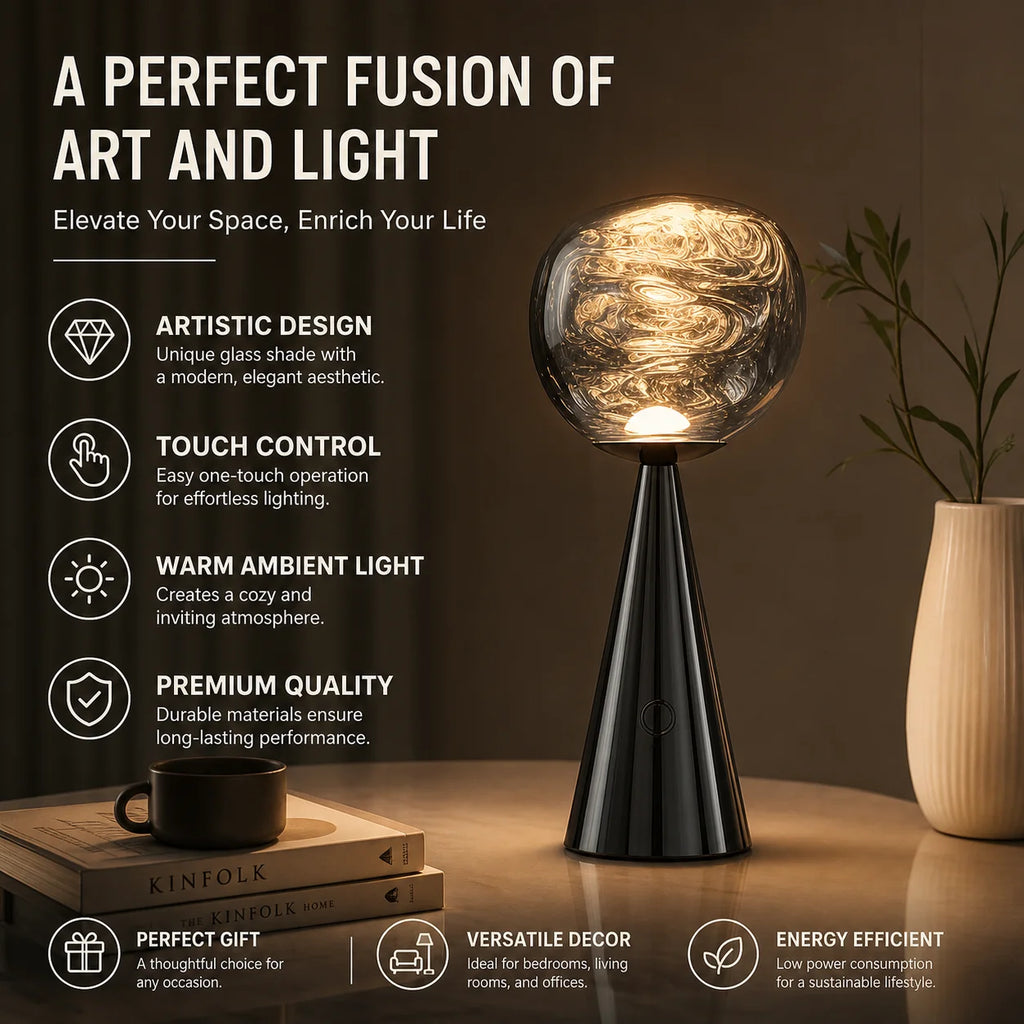 Lampe de table sans fil à globe en verre fondu, pied conique