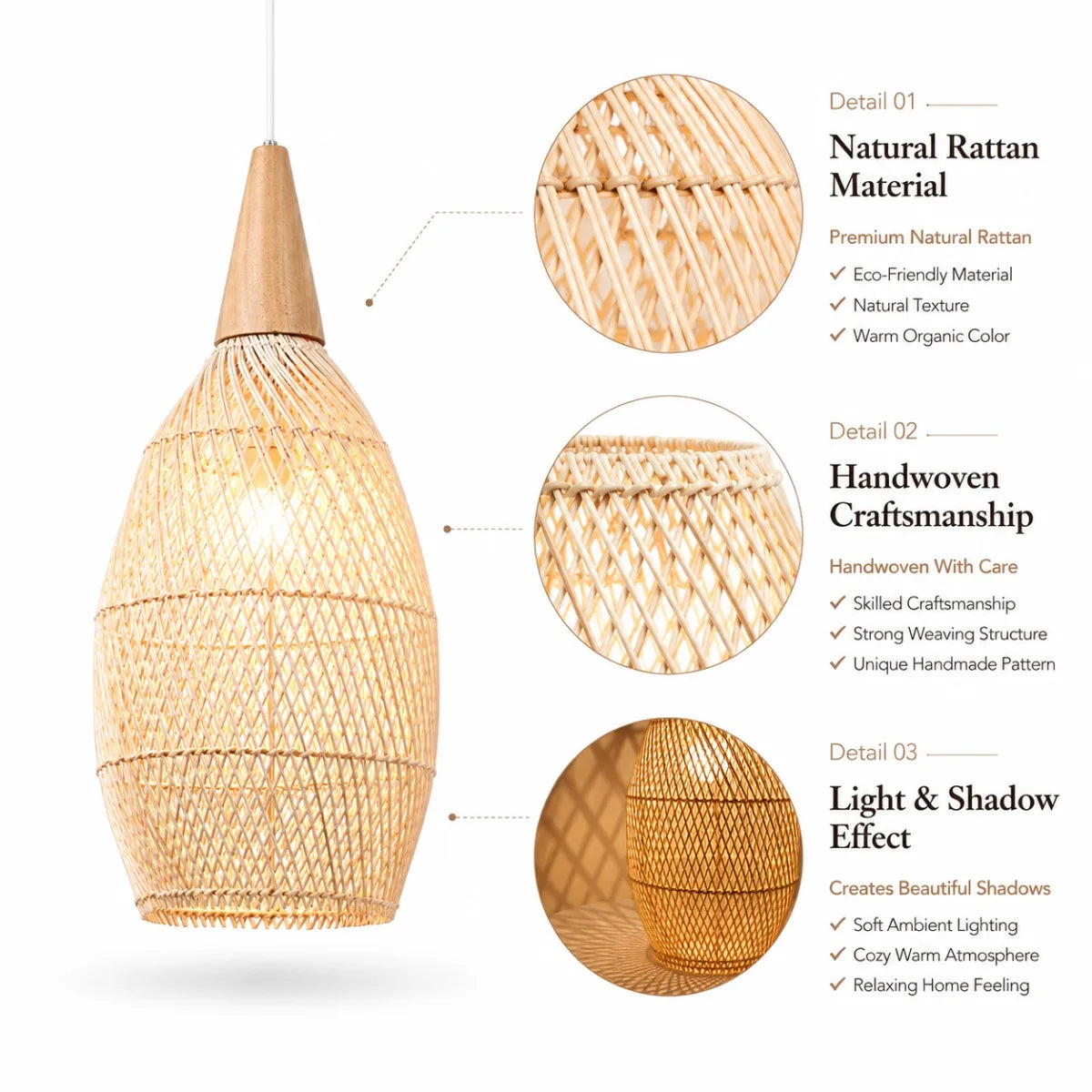 Suspension goutte en rotin et bois clair, Ø 25 ou 35 cm, câble 150 cm