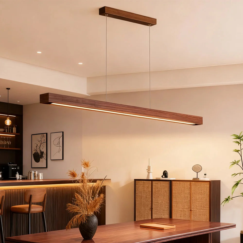 Suspension LED barre en bois massif, 80 à 120 cm, noyer ou naturel