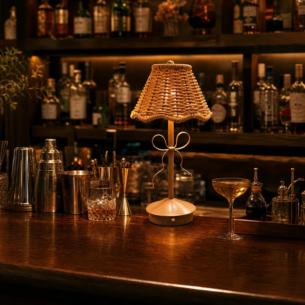 Lampe de chevet sans fil en rotin, nœud doré et abat-jour festonné