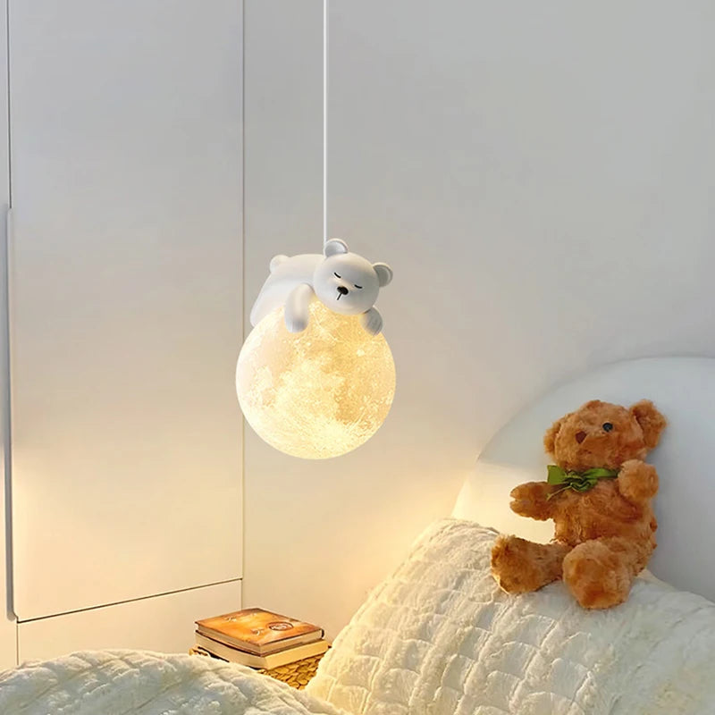 Suspension chambre d'enfant lune et lapin ou ours endormi, G9 LED