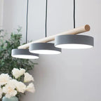 Suspension LED 3 disques sur barre façon bois et oiseaux, 80 cm