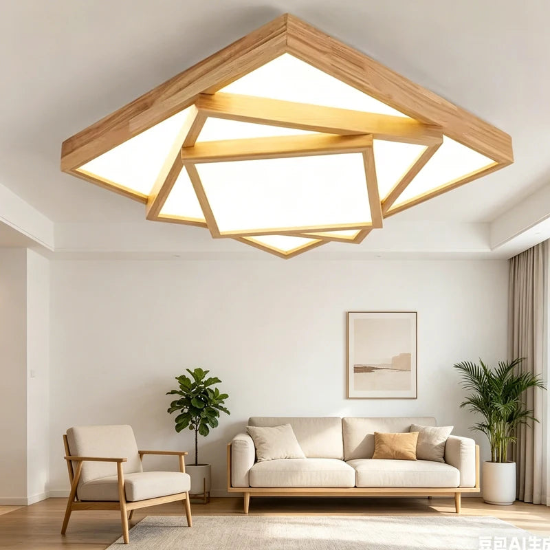 Plafonnier LED carré en bois à cadres superposés, avec télécommande