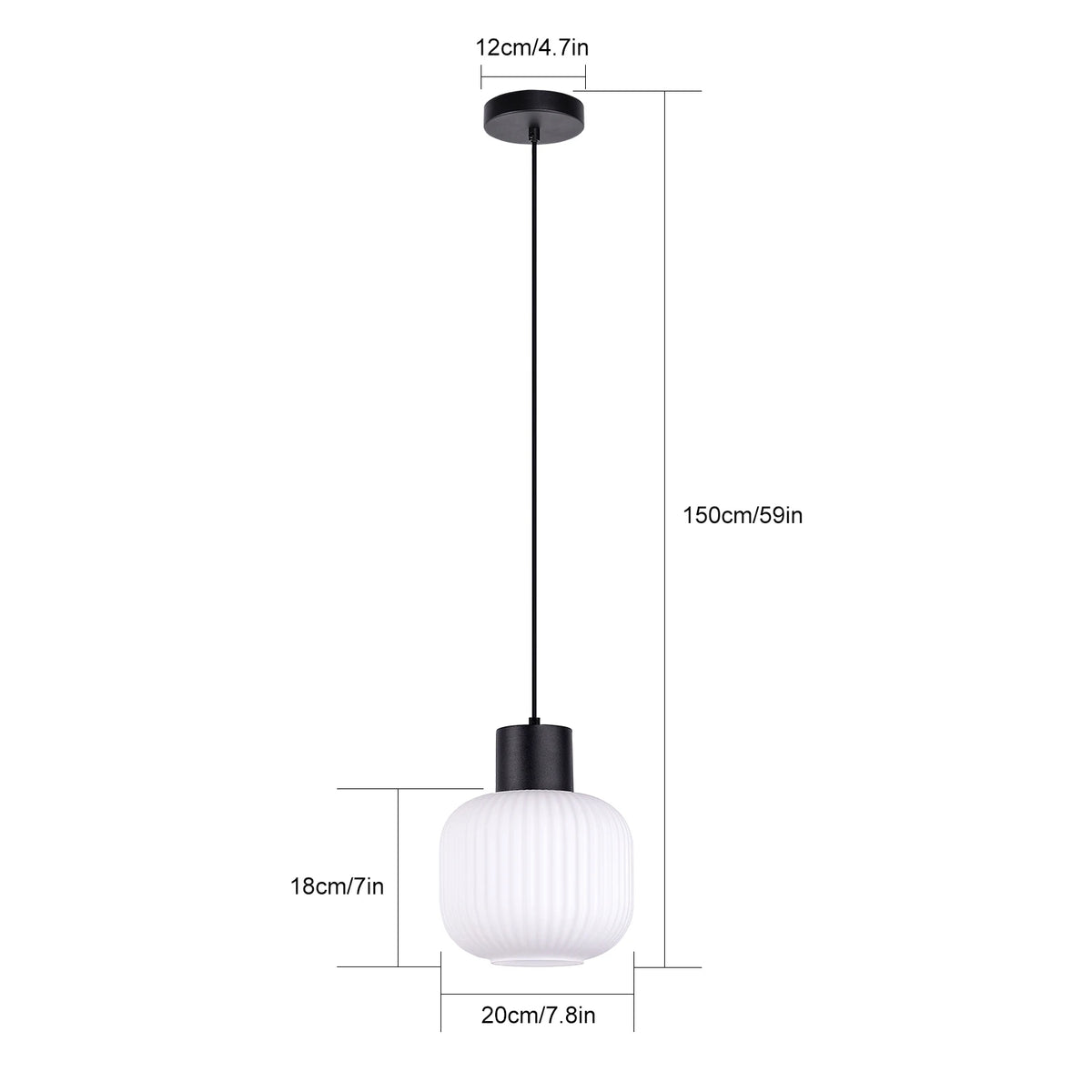 Suspension en verre blanc côtelé Ø 20 cm, douille noire, câble 150 cm