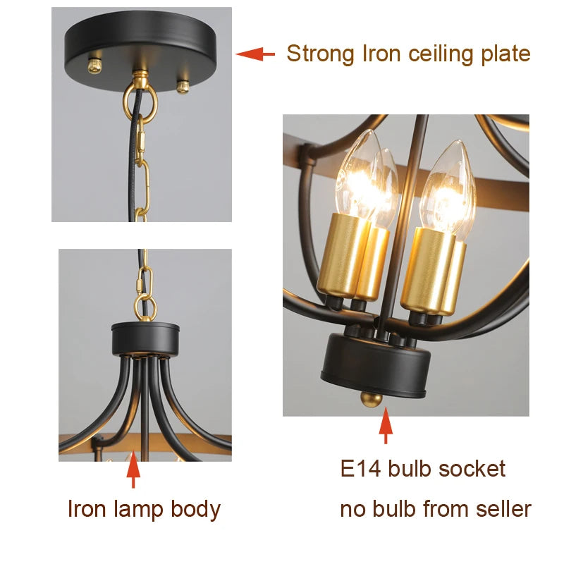 Lustre cage en fer noir à 4 bougies E14, suspendu ou plafonnier