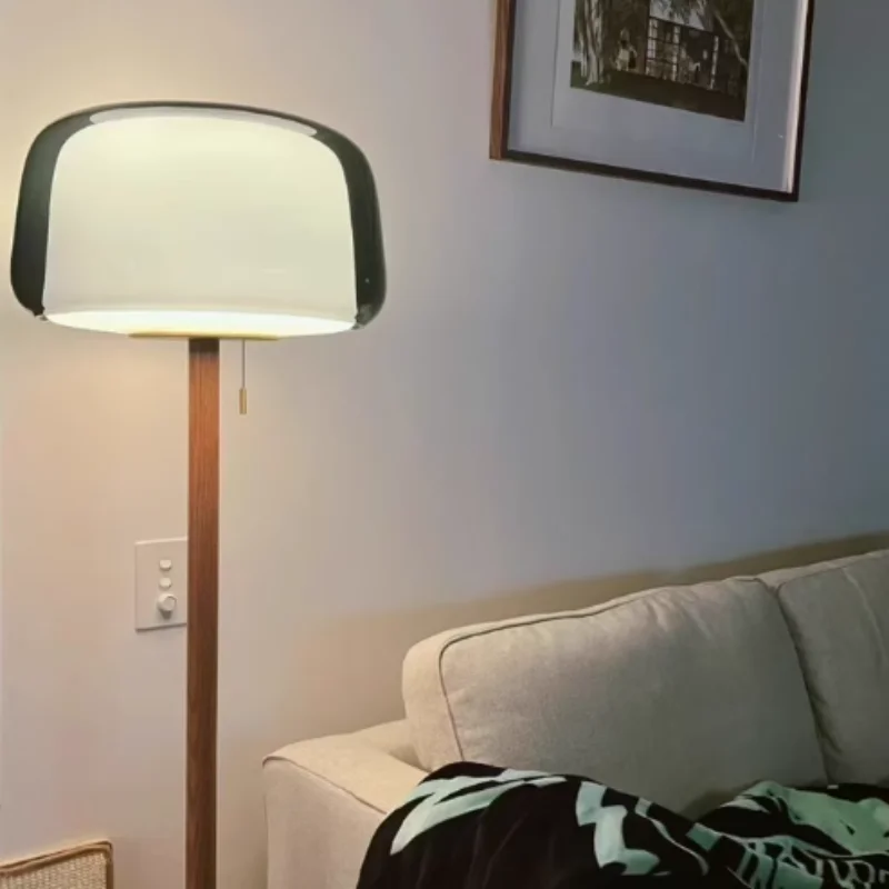 Lampadaire double verre et bois au socle en marbre, 148 cm