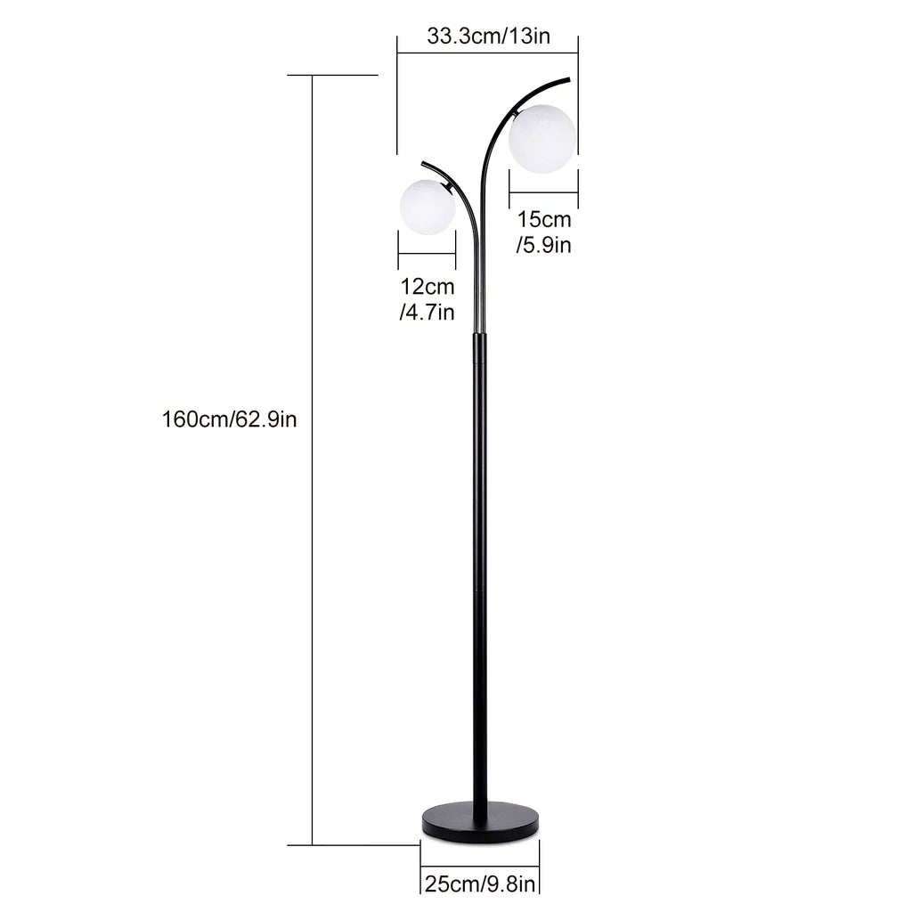 Lampadaire noir à deux globes en verre opalin, 160 cm, LED G9