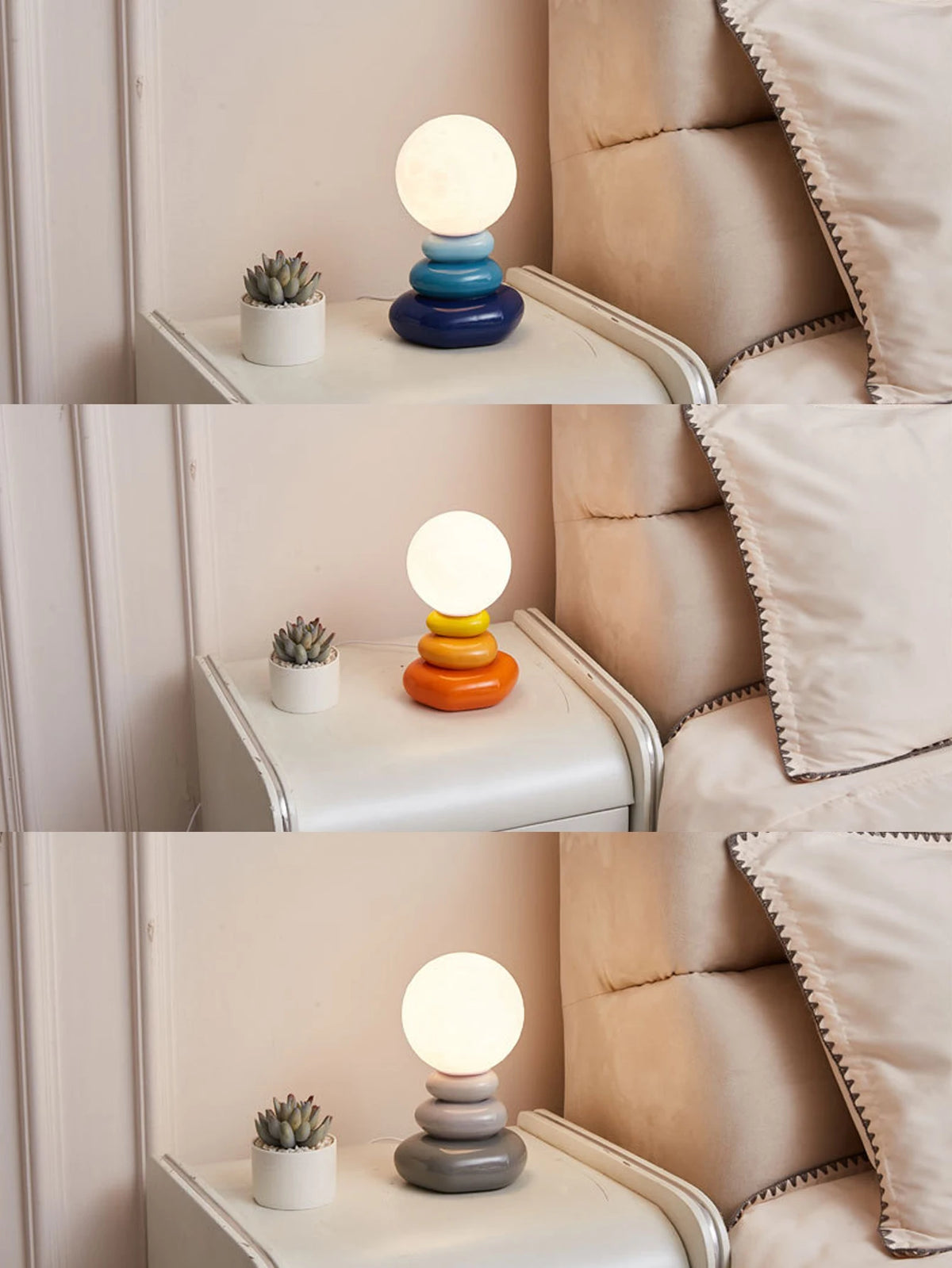 Lampe à poser en céramique galets empilés et globe lune, 24 cm