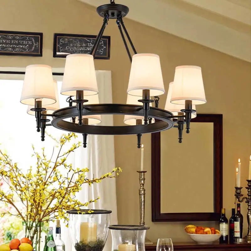 Lustre couronne à abat-jour en tissu, noir ou cuivré, 3 à 8 feux