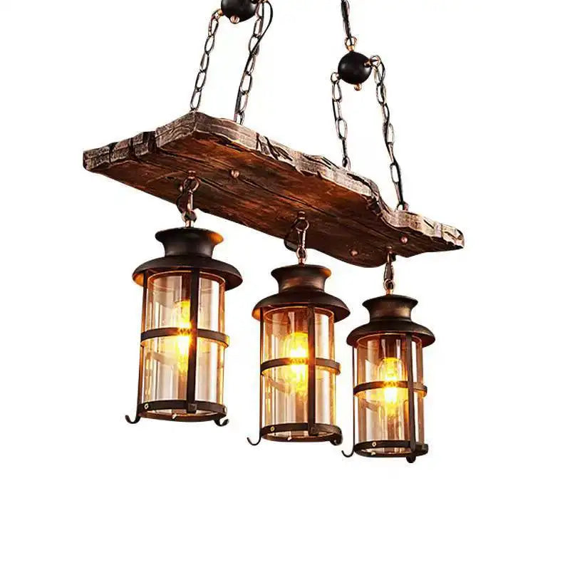 Lustre planche en bois vieilli à 2 ou 3 lanternes en fer et verre