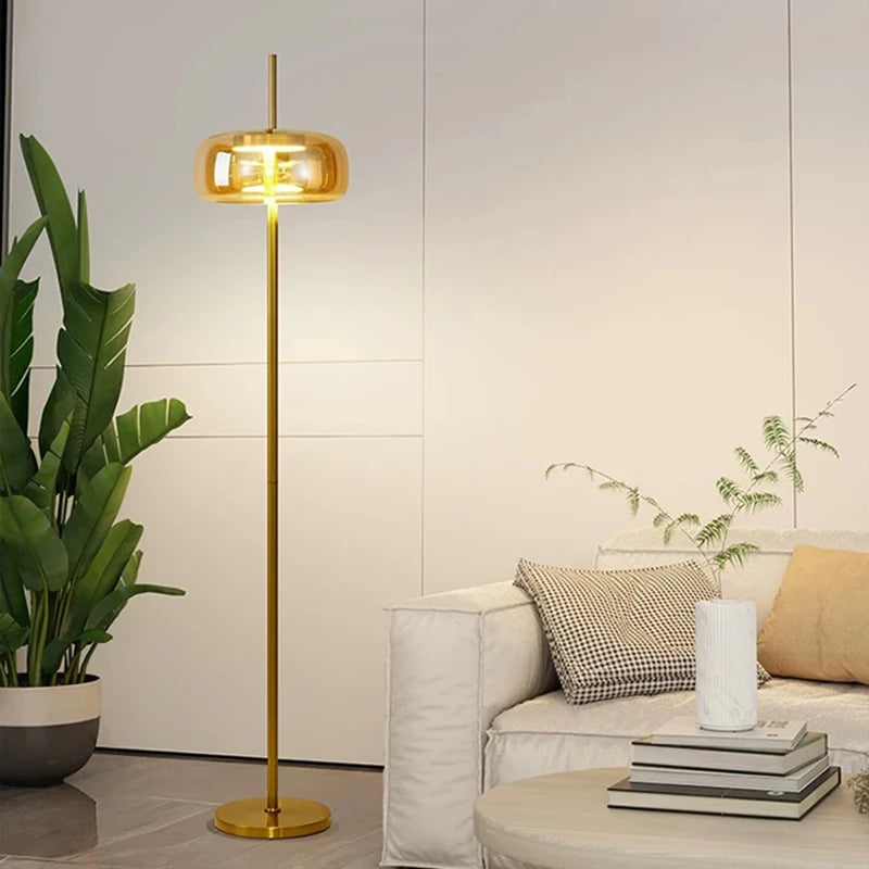 Lampadaire LED à dôme de verre ambré ou fumé, tige fine 160 cm