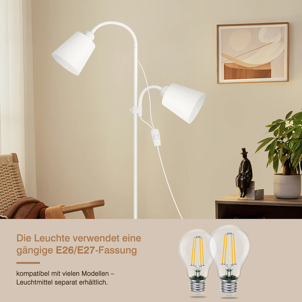 Lampadaire blanc à deux têtes flexibles pour la lecture, E27